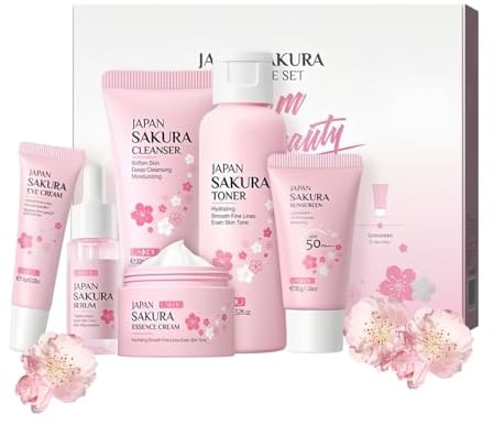 Kirschblüten Hautpflege-Set Sanfte Hautreinigung & Pflege Mädchen und Frauen Geschenkset inklusive Cleanser Serum Toner Augencreme Gesichtscreme Sonnenschutz (6PCS)
