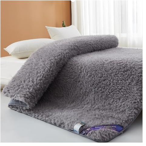 OBONG Matratzentopper Aus Lammwolle Weiche Sherpa Fleece Matratzenauflage Atmungsaktive Flauschige Bodenmatratze Gesteppte Futon Matratze (Color : Gray, Size : Super King-180 * 200cm)