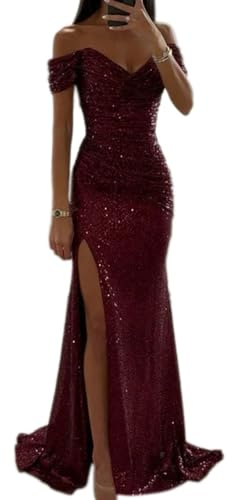 Tomwell Damen Pailletten Abendkleid Sexy Schulterfrei Hohe Taille Seitenschlitz Lang Kleid Maxikleid Elegant V-Ausschnitt Cocktailkleid Ballkleider A Rot M