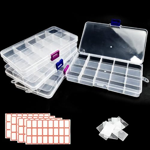 YAANBUNB 4 Pcs Bead Storage Box, 15 Grids Plastic Jewelry Organizer Earring Storage Containers with Adjustable Dividers Clear Craft Storage Boxes with Label Stickers for Sewing Diamond Screws