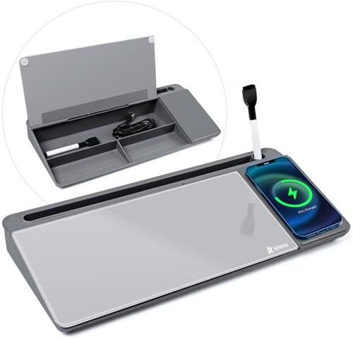 Varhomax Glas-Schreibtisch-Whiteboard mit kabellosem Ladegerät, trocken abwischbares Whiteboard mit Aufbewahrung, Schreibtischtafel, Buddy für To-do-Liste, Notizblock für Zuhause und Büro (Grau)