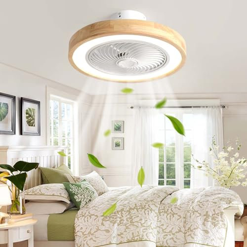 Lrenjon Plafoniera con Ventilatore da Soffitto e Telecomando in Legno, Lampadario con Ventilatore da Soffitto Senza Pale 6 Velocità Reversibile Timer, Rotondo Ventola da Soffitto con Luce Silenzioso