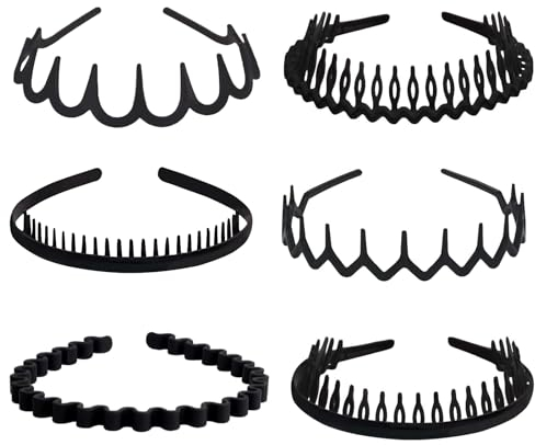 Lot de 6 bandeaux en plastique - Motif vague - Zigzag - Antidérapants - Avec dents antidérapantes - Pour enfants, femmes et hommes - Noir