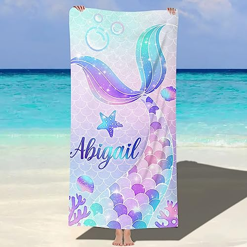 Jodimitty Strandtuch Personalisiert Name Mikrofaser, Sandfrei Schnelltrocknend Leicht, Farbe Muster Strand Pool Bad Strandtuch für Erwachsene Kinder, 60x120cm/76x152cm/90x180cm (Meerjungfrauen 1)