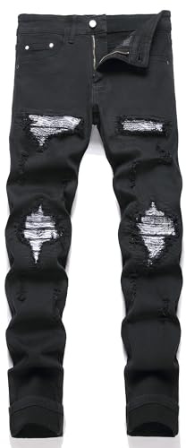 OIIIO Men's Patch Ripped Stretch Regular Fit Jean, 6655 Black, 28