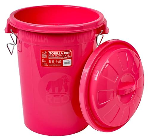 Red Gorilla Bin 30 Litre with Clip Lid Pink Stackable Storage Plastic Lightweight Weather Resistant Frost Proof for Indoor Outdoor Waterproof Waste Bin for Garden Garage Kitchen Home Recycling