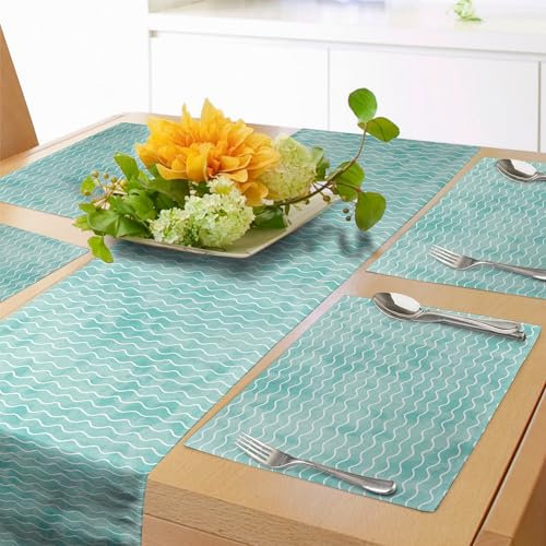 ABAKUHAUS Nautisch Tischläufer & 4 Stück Tischsets, Töne Meeres Wellen Muster Mit leichten Farb Flecken Abstrakter Hintergrund Druck, Tischdeko-Set, 180 x 40 cm, Türkis Weiß
