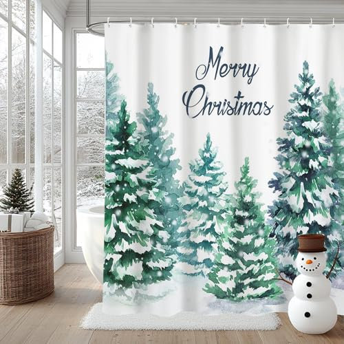 AIBIIN Merry Christmas Tenda da doccia invernale con albero di Natale all'aperto paesaggio innevato tende da bagno per il bagno in poliestere resistente con 12 ganci 180 x 180 cm