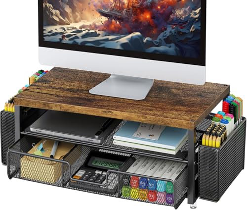 gianotter Support de moniteur en bois, organiseur de bureau avec tiroir et porte-stylo, support d'ordinateur à 2 niveaux (bois)