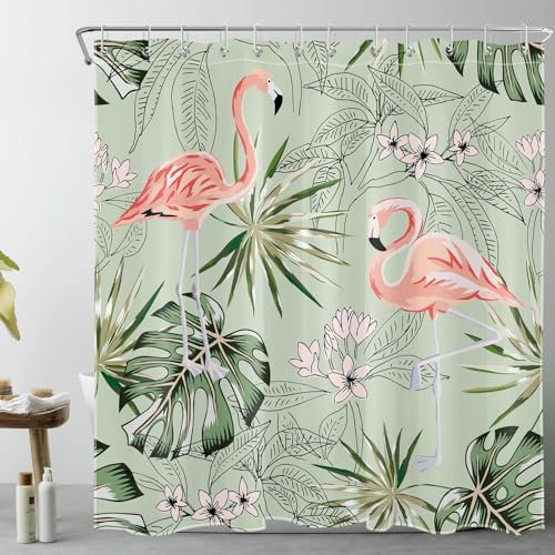 LB Salbeigrünes Palmblatt Duschvorhang 180x180cm Tropischer rosa Flamingo Antischimmel Wasserdicht Badezimmer Vorhänge, Abstrakte Blume Polyester Stoff Bad Vorhang mit Haken
