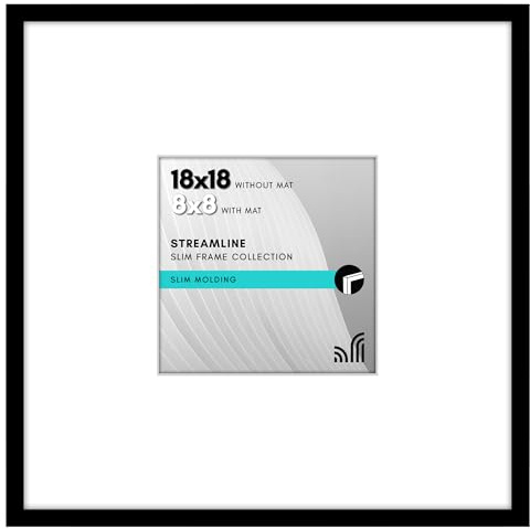 Americanflat 18x18 Picture Frame with Polished Plexiglass - Use as 8x8 Frame with Mat or 18x18 Frame Without Mat - Streamline Collection - Thin Square Picture Frame for Wall Display - Black
