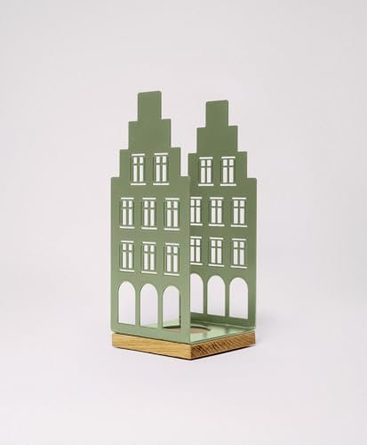 KAWENTSMANN Windlicht Metall & Holz Nobelstrehle Nr. 2 - Teelichthalter Haus-Motiv - Laterne - Kerzenständer - Kerzenhalter - Deko Windlichter - Tischdeko (RAL 6021 Blassgrün)