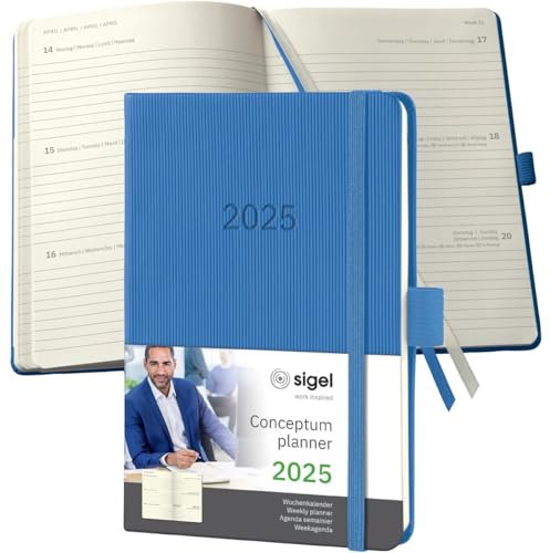 Wochenkalender Conceptum A6 2025 blau - SIGEL - 1 Woche auf 2 Seiten - Terminplaner Hardcover mit Stiftschlaufe, Quickpocket, Archivtasche, 2 Zeichenbänder und Stickerbogen - 10,8 cm x 15,1 cm