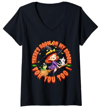 Womens Halloween There's Room On My Broom You Too Teacher Witch V-Neck T-Shirt