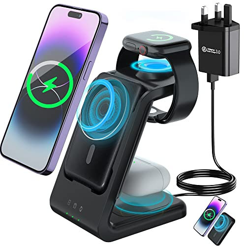 Mag safe Charger Stand, Travel Accessories for Mag-Safe Battery Pack 5000mAh Detachable, Magnetic Wireless Charger for iPhone 14 15 Pro Max 13 12, Portable Powerbank for iWatch 8 7, for Airpods Pro