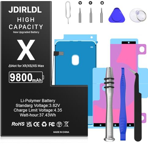 9800mAh Batteria per iPhone X, 2025 Nuova Batteria di ricambio ad alta capacità per iPhone X A1865,A1901,A1902,A1903 con kit di strumenti di riparazione professionale