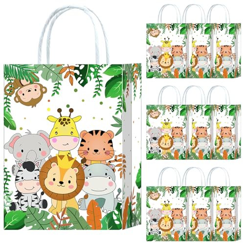 10 Stück Dschungel Safari Party Taschen,Dschungel Safari Geschenktüten Papiertüten mit Henkel,Dschungel Safari Geburtstag Geschenktaschen,Tiere Papier Gastgeschenke Tüten Mitgebseltüten