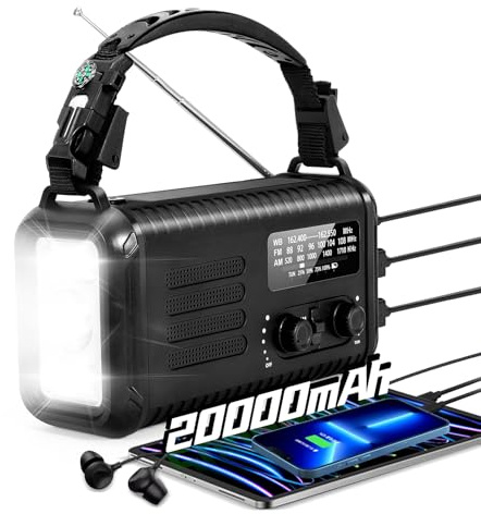 20000mAh / 74000mWh Emergency Crank Radio, NOAA/AM/FM Portable Weather Radio, Solar Hand Crank Radio, Battery Powered with USB Phone Charger, Flashlight Reading Lamp & SOS for Survival Camping (Black)