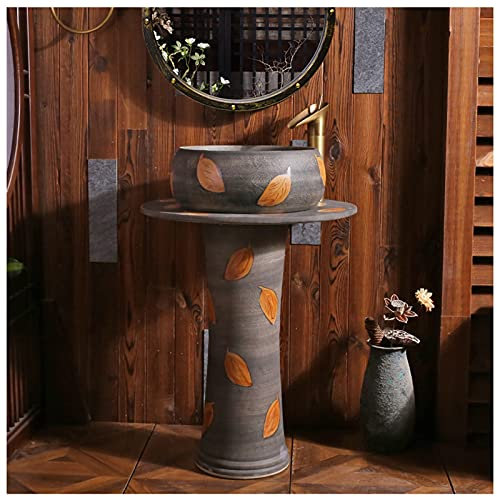 GLJTUO Lavandino da Bagno Moderno in Ceramica con Piedistallo Completo e Lavandino Rotondo Freestanding con Un Foro per Rubinetto Lavandino da Bagno in Ceramica e Bagno su Pied(G with Mirror)