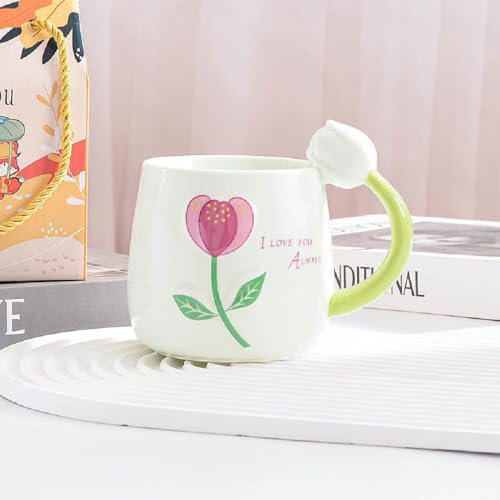 VollfitYYu Graziosa tazza da caffè a tulipano, con manico 3D, 400 ml, in porcellana, per donne, amanti dei fiori, ragazze, Natale, festa della mamma, compleanno (azzurro)