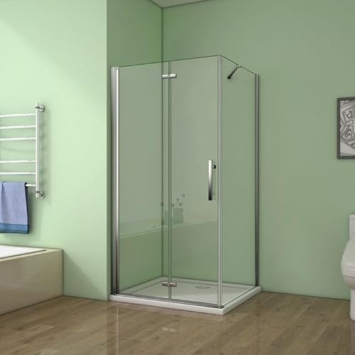 AICA cabine de douche pivotante et pliante 90x70x185cm en 6mm verre anticalcaire, porte de douche 90cm + paroi latérale avec barre fixée d'angle