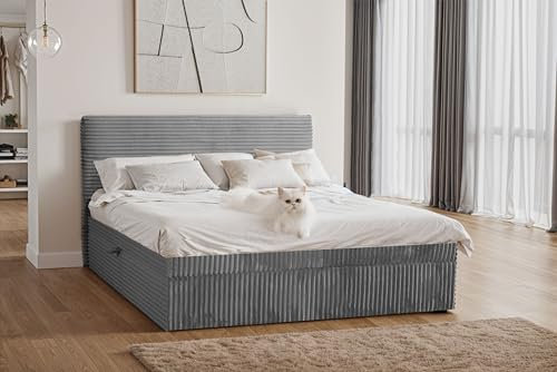 Kaiser Möbel - Bett 140x200 cm, Boxspringbett mit Bettkasten und Topper, Cord Schlafzimmerbett, Doppelbett mit Stauraum und Gepolstertes Kopfteil, Toppermatratze aus Viscoschaum - Trento - Dunkelgrau