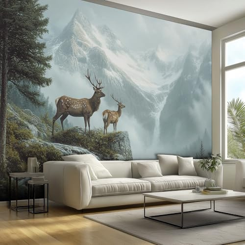 Tapete 3D Fototapete Hirsch Berge Rustikal Wildtiere Wald 250 x 175 cm Vliestapete Wandbild Fototapeten, Vlies Tapeten Wandtapete Schlafzimmer, Wohnzimmer, TV Hintergrund Wand Moderne Wanddeko
