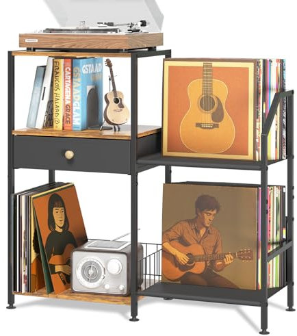 iDavosic.ly Record Player Stand, 3 Tier Vinyl Storage Shelf with Turntable Holder, Side Table with Display Rack Up to 200 Albums, Rustic End Table with Drawer for Living Room, Black & Brown
