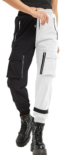 MEINVQIAOTI Schwarze Cargo-Hosen für Frauen, Taschige Hosen mit Mehreren Taschen, mehrere Taschen, Reißverschluss, gotische Punkhose