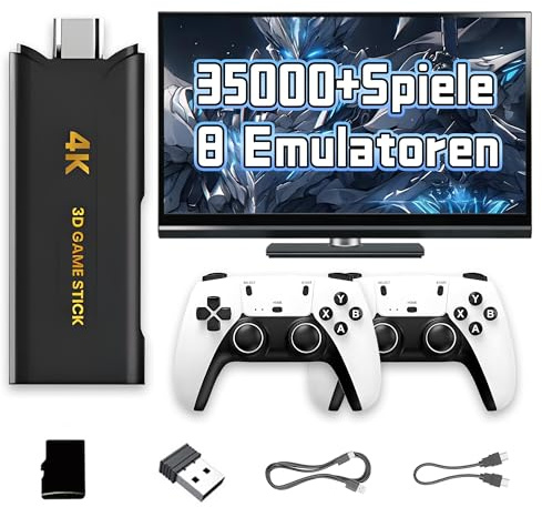 KINMRIS Retro Spiele Konsole, Retro Emulator Spielkonsole mit 35000+ klassischen Spielen und 8 Emulatoren, Plug and Play Video Spiele Stick für TV mit 2 x 2,4 GHz Drahtlosen Controllern