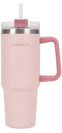 Flamingueo Termo 0,9L - Botella Agua Acero Inoxidable - Vaso Termico - Con Pajita - Bebidas Frías 24h y Calientes 10h - Taza Termica - Rosa