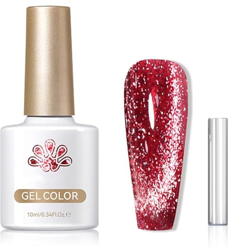 Red Cat Eye Gel Nail Polish - Magnetic Gel Nail Polish - Wine Red Glitter nail Varnish - Burgundy Cat Eye Nail polish - Shiny Soak off UV gel Polish Long Lasting for Women DIY French Manicure
