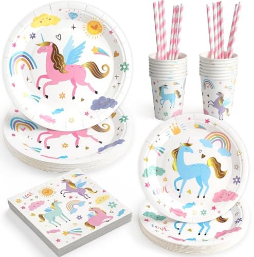 Set Vaisselle Jetable Licorne Anniversaire Enfant 12 Personnes | Assiettes Plates Serviettes Gobelets Pailles Décoration Anniversaire Thème Licorne Arc-en-ciel Fille Garçon Multicolore