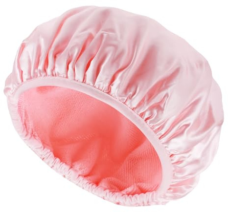 Gjinxi Shower Cap, Terry Lined Hair Bonnet Triple Layer Waterproof Adjustable Shower Caps for Women Thick Hair (Pink)