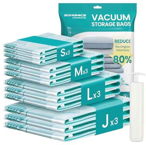 SONGMICS Sacchetti Sottovuoto Riutilizzabili, 12 Pezzi, 3S/3M/3L/3J | Sacchi Buste per Vestiti Lenzuola Armadi Viaggi, Pompa a Mano Inclusa, Compatti, Trasparente, Island LVB106W101