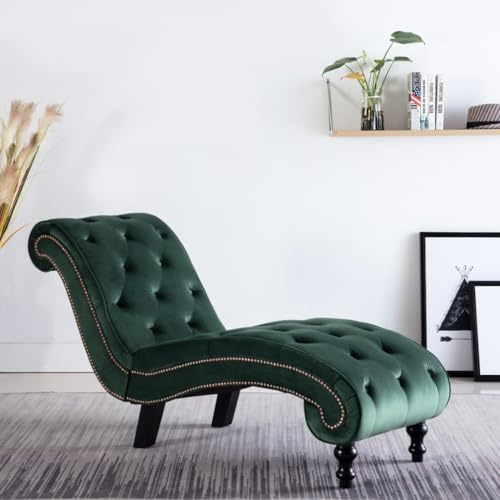 Jkghdrt Chaiselongue Grün Samt Sitzmöbel Polstersofa mit ergonomischem Schnörkel-Design und Knopfpolsterung für maximalen Liegekomfort