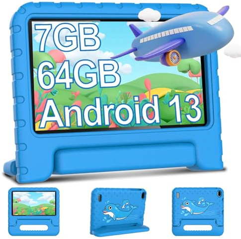 Tablet Android da 7 pollici, 7 GB RAM + 64 GB ROM (512 GB TF), 5G WiFi, BT 5.0, 5 MP + 8 MP, giochi educativi, controllo parentale, touch HD, con custodia protettiva antiurto in EVA, blu
