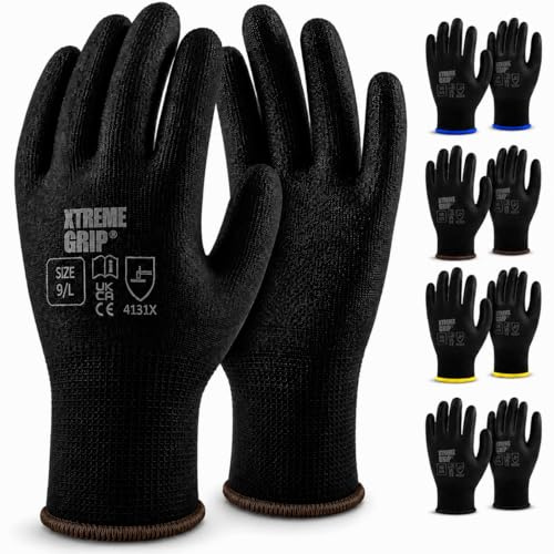 Xtremeauto XtremeGrip PU Coated Safety Work Gloves – Non-Slip Grip Protective Work Gloves for DIY, Mechanics, Warehouse, Gardening & Construction – EN388 Certified (12, Large)