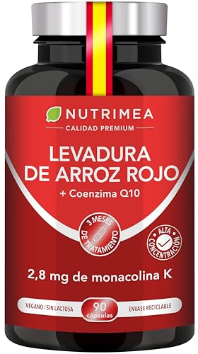 Levadura Roja de Arroz | + 2,8 mg Monacolina K | 90 Cápsulas Veganas | 15 mg Coenzima Q10 | Apoyo al Colesterol | Sin Citrinina | Alta Concentración | Nutrimea
