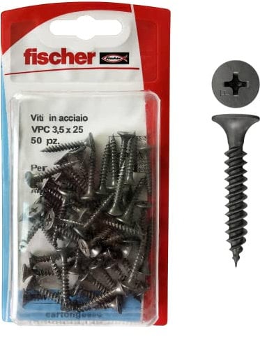 Fischer 50 Viti per Cartongesso 3,5x25 mm, Fosfatate Autoperforanti, per Fissaggio Lastre su Profili Metallici, Filettatura a Passo Fine, Impronta Phillips, 504665
