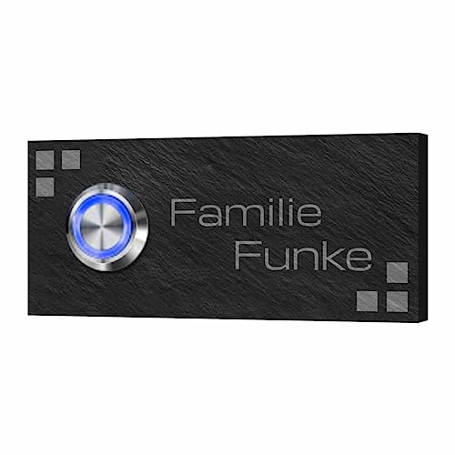Individuelle Naturschiefer Klingel mit personalisierter Gravur - Türklingel Modell Funke 9x4 cm | Optional mit beleuchtetem Klingelknopf und Dekorplatte aus Acrylglas