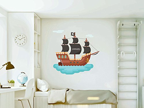 Vinilo decorativo pared Infantil | Barco Pirata Personalizado | Varias Medidas 110x100cm | Adhesivo Resistente y de Facil Aplicación | Multicolor | Pegatina Adhesiva Decorativa de Diseño Elegante