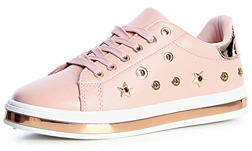 topschuhe24 1334 Damen Sneaker Turnschuhe Plateau Nieten, Farbe:Rosa, Größe:36 EU
