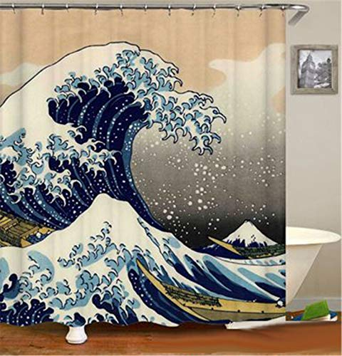 hipaopao Japanischer Wellen-Duschvorhang Kanagawa Welle nautischer Stoff Duschvorhang-Sets Badezimmer Dekor mit Haken Wasserdicht Waschbar 183 x 183 cm Blau Weiß Gelb