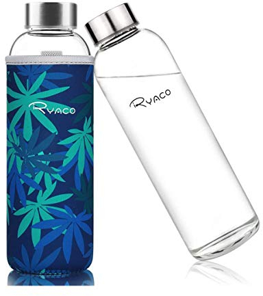 Ryaco Bouteille d'eau en verre de 550ml/18oz sans BPA– Bouteille en borosilicate anti-fuite–Idéale pour maison, les voyages, le sport, le yoga, la gym, les boissons chaudes et froides avec