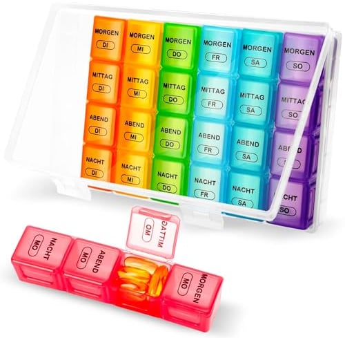 Pilulier Semainier,Pilulier Journalier,Dose 4 Fois par Jour,Organiseur de Médicaments avec 28 Compartiments,Design Détachable,Pour les Huiles de Poisson, les Vitamines,les Compléments Alimentaires