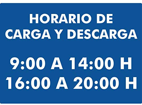 Señal de Horario Carga y Descarga Personalizado | Medida 21x14,8cm | Señaletica en Material Aluminio Blanco Resistente de 3mm | Duradera y Económica