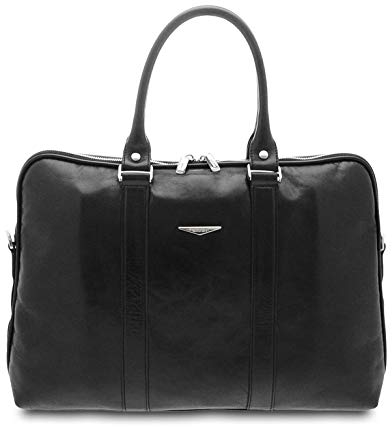 GIUDI ® Arbeitsmappe aus echtem Kalbsleder, Schultergurt aus Stoff, Made in Italy, Schwarz (Schwarz) - 10424/T/COL