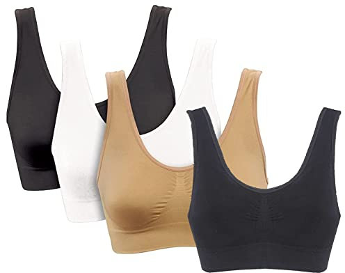 PBE 4 Pack Super Comfort Bra, Thick Double Material Women's Sleep Bras, Sports Bra, Premium Quality, Seamless, No Wires! - 4 Pack Black/White/Nude/Black- XXX Large