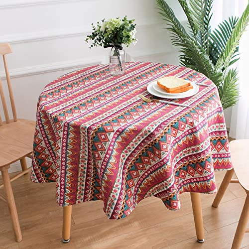 DINGC Tischdecke Rund Baumwolle und Leinen mit Rotes Dreiecks Muster 150cm, Tischtücher Runde Abwaschbare Staubdicht Tablecloth Round, Tischdecken für Esstisch Wohnzimmer Picknick